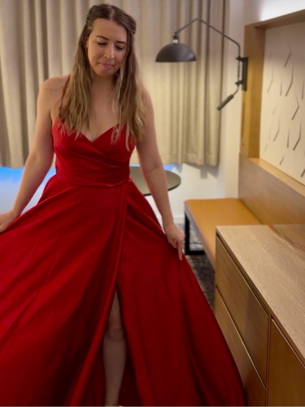 JJs House Red V-Neck Prom Gown with Front Slit